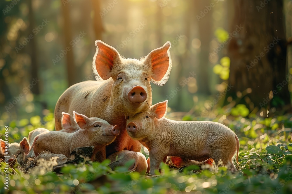 A pig with little piglets in summer forest. Little pigs among the trees. A domestic animal. Farm. Pet. A pig with little piglets in summer forest. Little pigs among the trees. A domestic animal. Farm. Pet.
