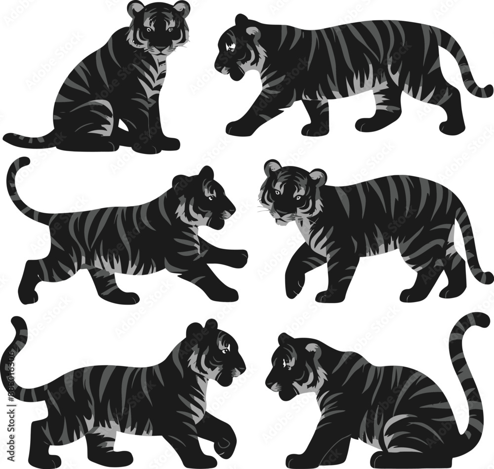 Naklejka premium Tiger silhouette isolated on white background tiger set Vector illustration
