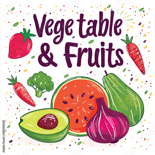 Hand drawn illustration of fresh vegetables and fruits, healthy food concept
