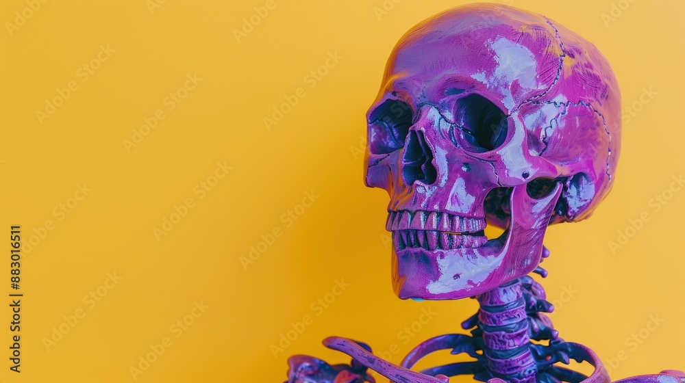 Purple skeleton on yellow background with space for text high quality image for Halloween and horror theme