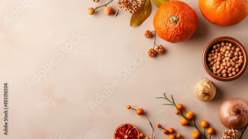 Autumn composition with pumpkins, berries, nuts, and oranges on a beige background. Perfect for seasonal, holiday, or Thanksgiving themes.