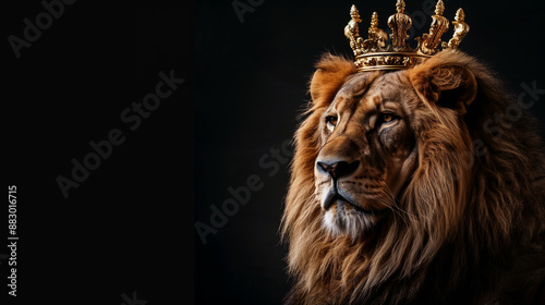 Portrait of a lion king with crown on its head, dark background, perfect as wallpaper.