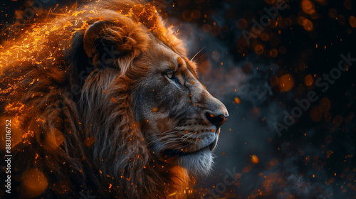 lion king of judah burning in fire on dark background, perfect as powerful wallpaper.