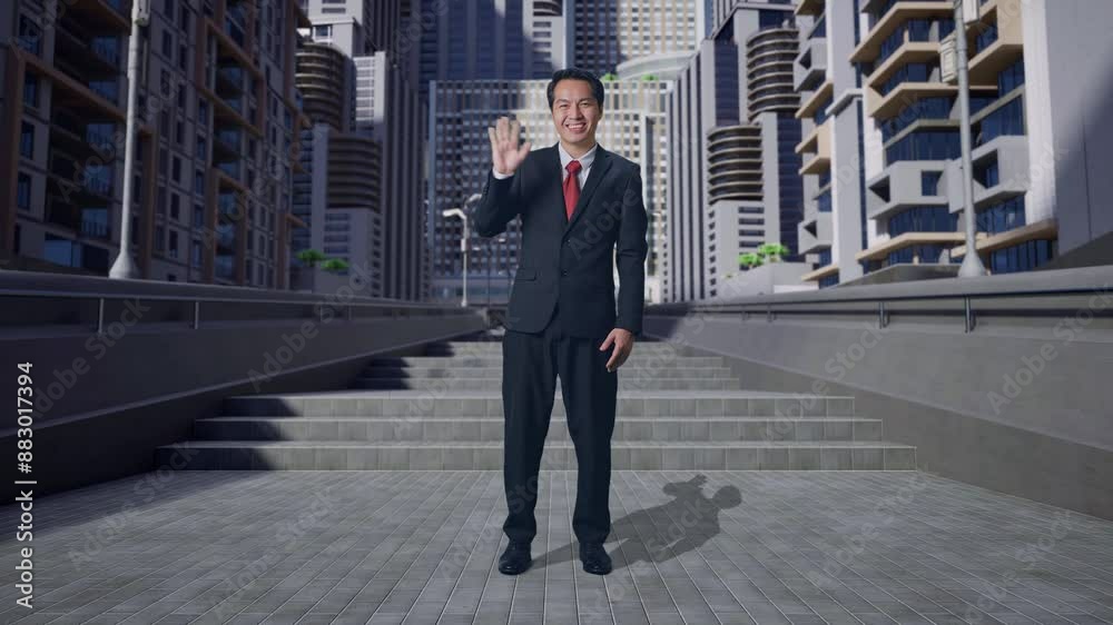 Full Body Of Asian Business Man Waving Hand And Smiling While Standing In City Full Body Of Asian Business Man Waving Hand And Smiling While Standing In City