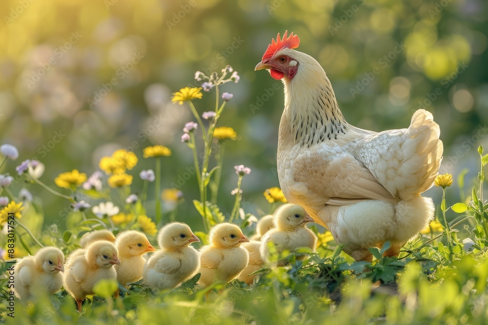 Fototapeta premium Hen with little yellow chicks in summer flowers. Chicken in field with flowers. Village. Pet. Home bird.
