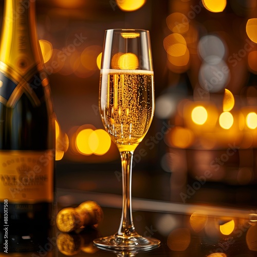 Glass of Veuve Clicquot Yellow Label Brut champagne on December 31, 2021. Veuve Clicquot Ponsardins was founded in 1772 and at the moment is one of the largest Champagne houses photo