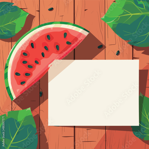 Watermelon slice on wooden background with blank card and leaves. Summer fruit, food, nature concept.