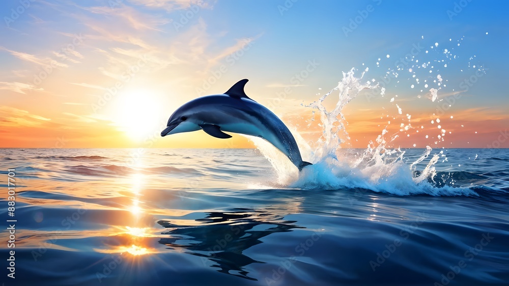 Dolphin mid-leap above sparkling sea water silhouette against sunrise sky dynamic angle, AI Generated Dolphin mid-leap above sparkling sea water silhouette against sunrise sky dynamic angle, AI Generated