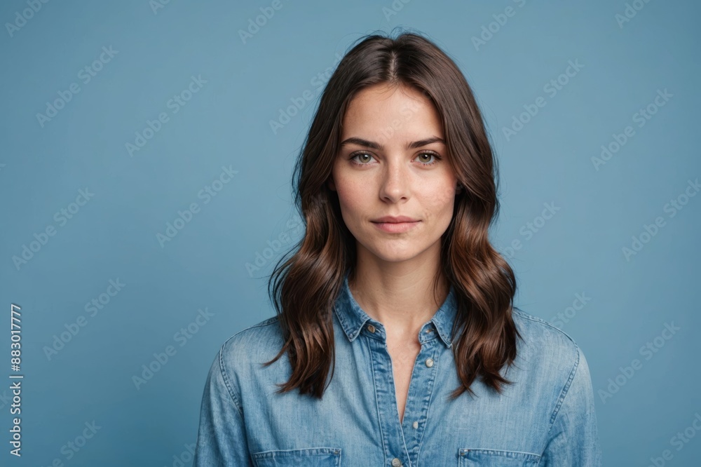 portrait young brunette female standing against blue background, studio shot portrait young brunette female standing against blue background, studio shot