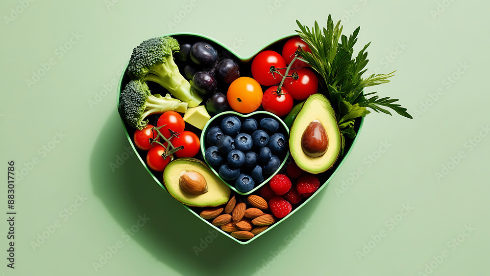 A modern illustration of showcasing heartshaped bowl filled with nutritious diet foods, Fresh fruit and vegetables for health and cardiovascular wellness A modern illustration of showcasing heartshaped bowl filled with nutritious diet foods, Fresh fruit and vegetables for health and cardiovascular wellness