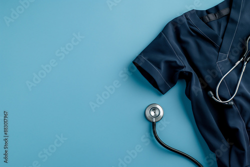a folded doctor's uniform lies on the table and a one stethoscope 