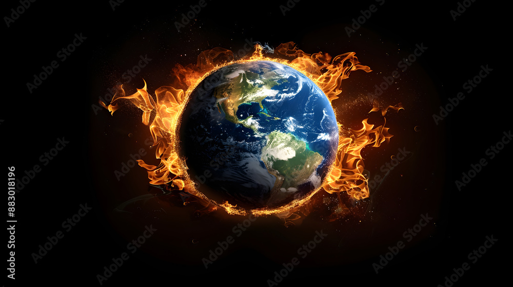 A world surrounded by flames which is a symbol of global warming The flame should be strong and bright. Emphasizing the urgency of the problem, dark background A world surrounded by flames which is a symbol of global warming The flame should be strong and bright. Emphasizing the urgency of the problem, dark background