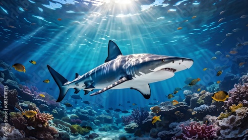 Hammerhead shark glides through the crystal clear waters sunlight filtering through the surface, Ai Generated