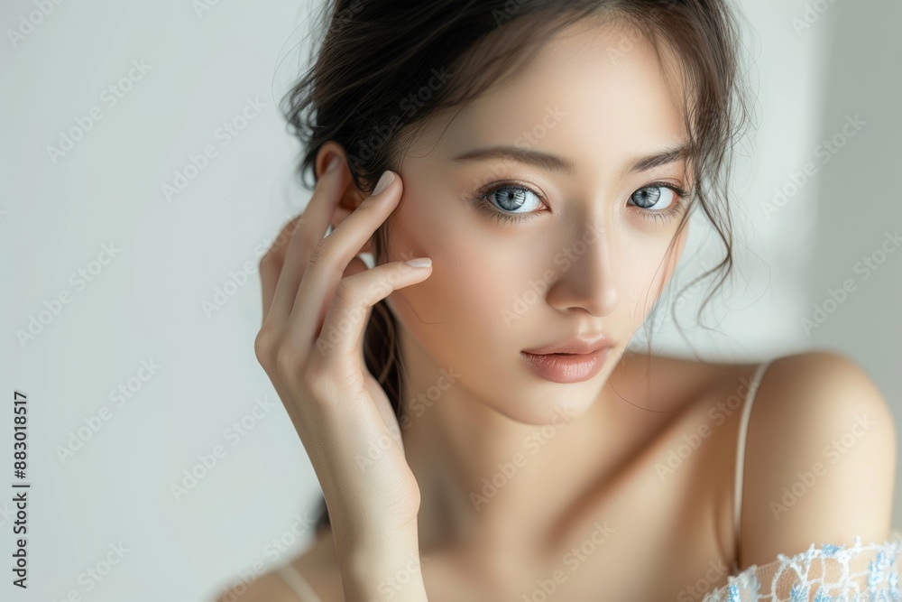 a beautiful woman touching her face with her hand a beautiful woman touching her face with her hand