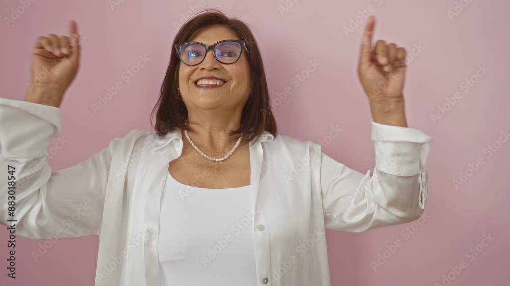 Hispanic woman with short hair and glasses smiling and posing against an isolated pink background in casual white attire Hispanic woman with short hair and glasses smiling and posing against an isolated pink background in casual white attire