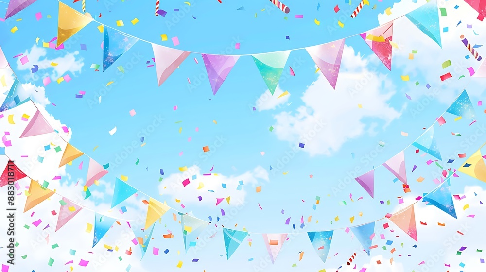 Celebration in the Sky: Colorful Flags and Confetti Celebration in the Sky: Colorful Flags and Confetti