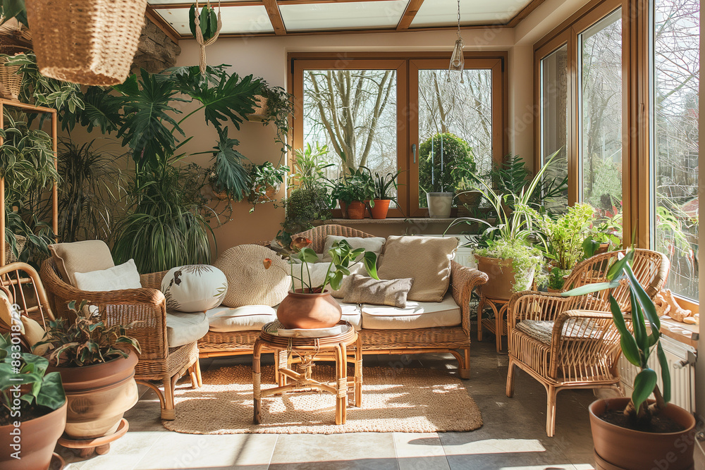 Fototapeta premium Sunroom filled with tropical plants interior