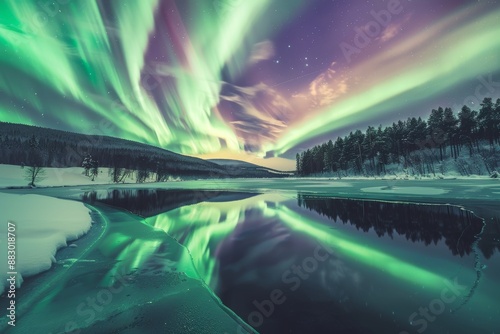 Northern Lights dancing over a frozen lake, with a forested backdrop and a starry sky