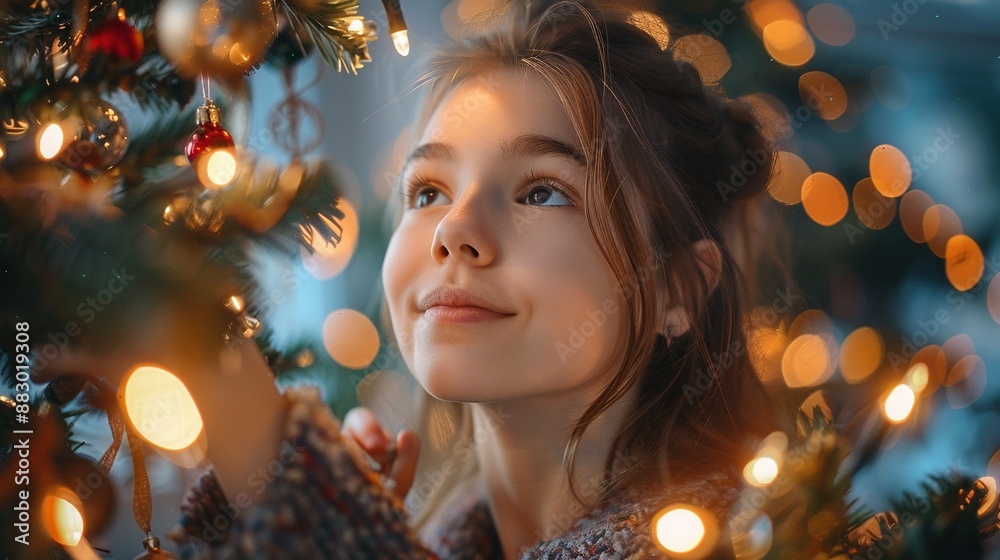 A young girl is looking at a Christmas tree with many lights A young girl is looking at a Christmas tree with many lights