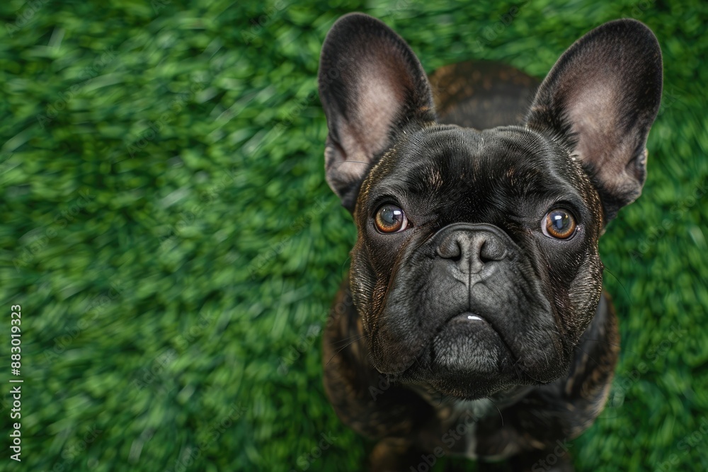 Black French bulldog on background of green grass. French bulldog puppy looks up. View from above. Pet. Animal Black French bulldog on background of green grass. French bulldog puppy looks up. View from above. Pet. Animal
