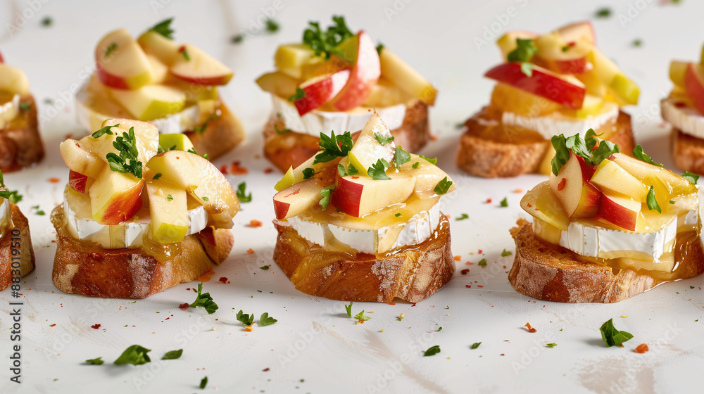 Delicious Apple and Brie Crostini in the Air, Perfect for Autumn Food Advertisement, on White Background