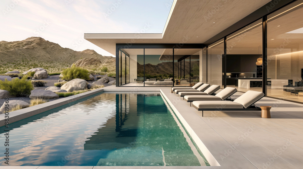 Modern desert home with infinity pool and sun loungers, surrounded by rocky terrain and desert vegetation Modern desert home with infinity pool and sun loungers, surrounded by rocky terrain and desert vegetation