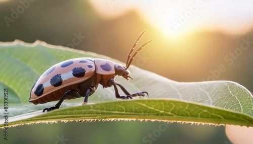 Morning Ritual: Chrysomelidae Beetle Laying Eggs on a Sunlit Leaf photo