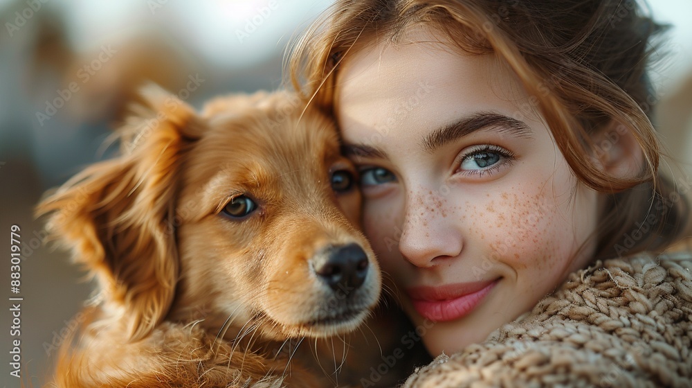 A woman is hugging a dog with a sandy face A woman is hugging a dog with a sandy face