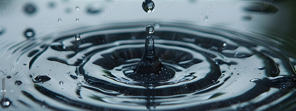 Close-up of a water droplet with droplets falling from above and below Close-up of a water droplet with droplets falling from above and below