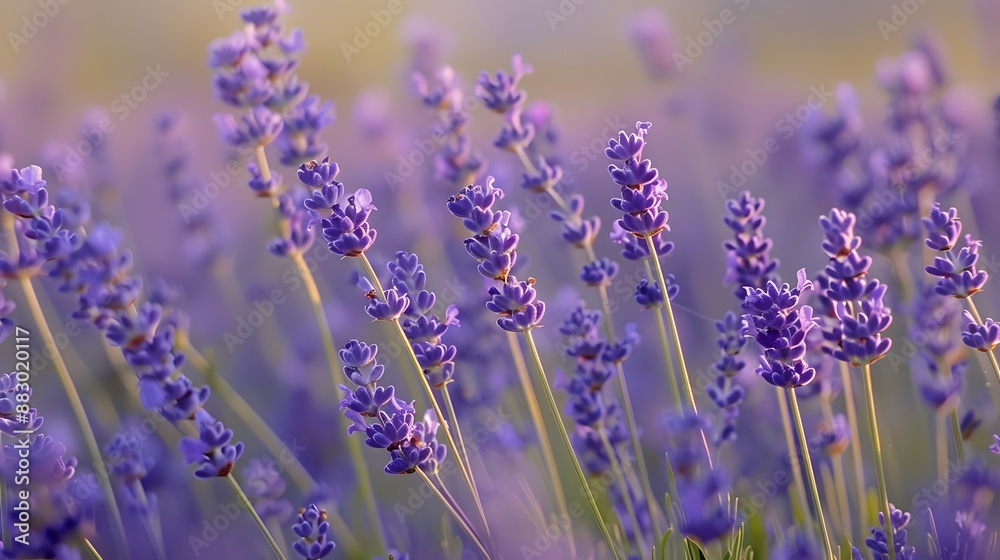 Fototapeta premium Fragrant blue lavender flowers blossoming on vast field in peaceful summer farmland. 