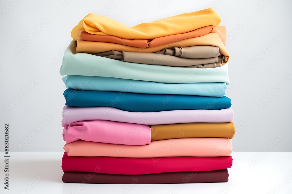 Stack of folded clothes on wooden table, closeup. Space for text Stack of folded clothes on wooden table, closeup. Space for text