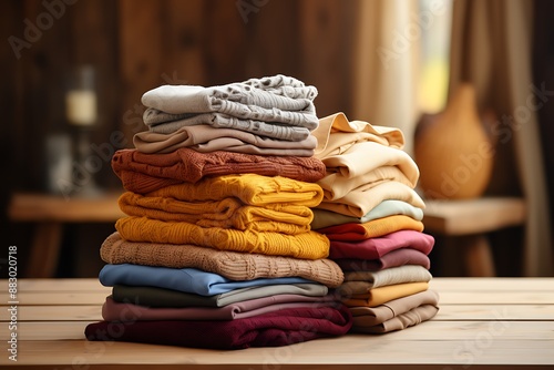 Stack of folded clothes on wooden table, closeup. Space for text