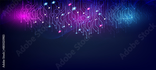 Quantum computer technologies background concept with Abstract molecule, Circuit board texture and Waves flow. Vector illustration eps10