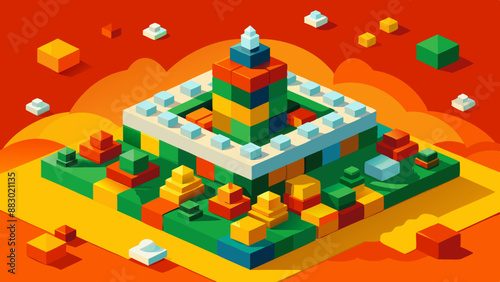 White background, white space in the center of picture. A pile of colorful blocks scattered all over the place. The bricks of different shapes and sizes to show diversity.