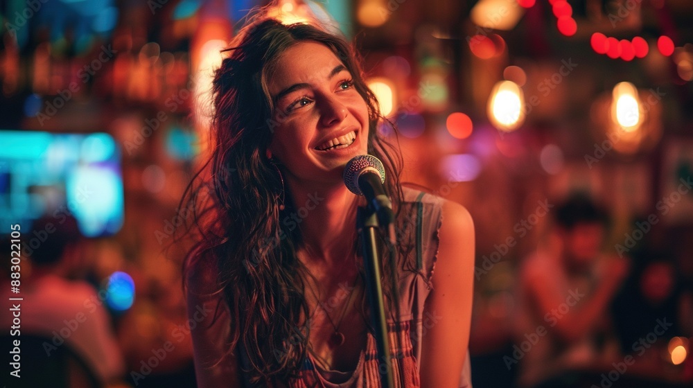 A woman is singing into a microphone in a bar