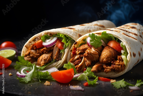 A flavor-packed chicken shawarma rolls—grilled chicken, fresh veggies, and herbs—nestled in soft durum bread. The dark plate sets off the vibrant colors