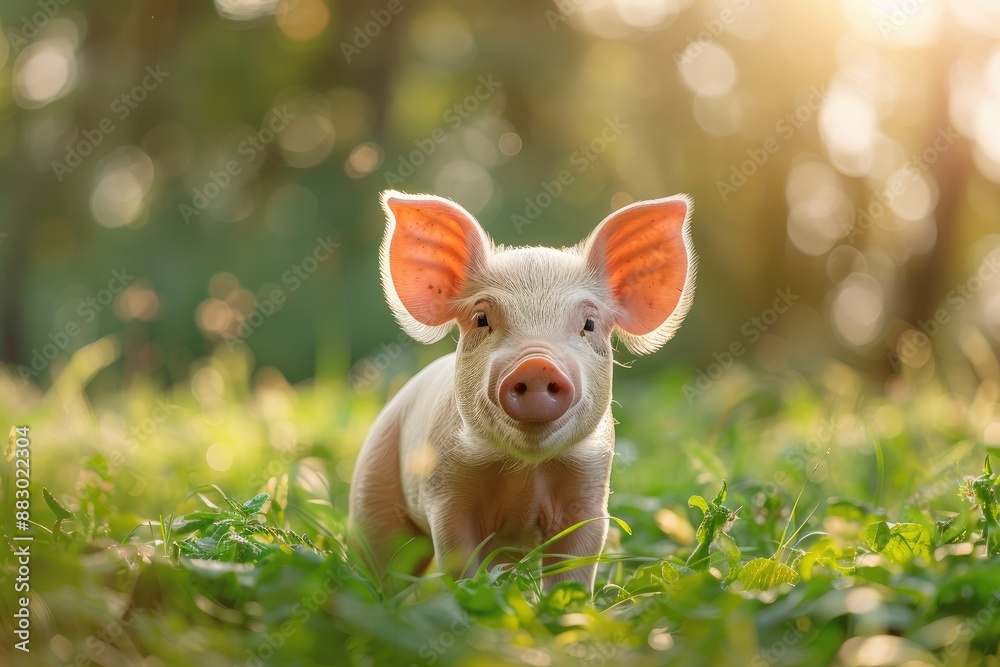 Piglet on green grass. Little pig in field illuminated by sunlight. A domestic animal. Farm. Pet. Piglet on green grass. Little pig in field illuminated by sunlight. A domestic animal. Farm. Pet.