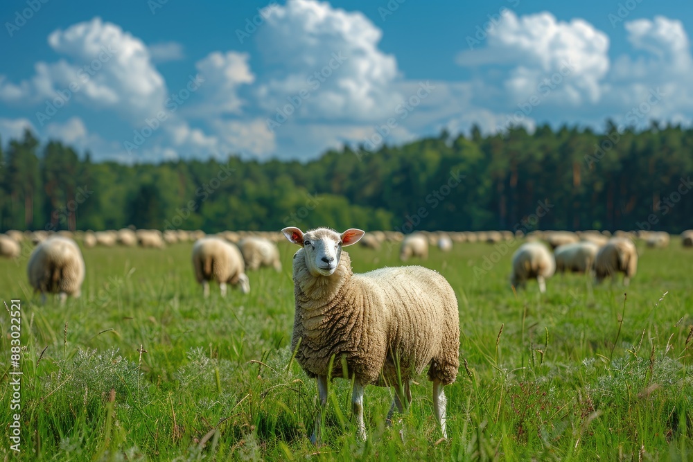 Fototapeta premium Flock of sheep on green grass on the background of the forest. Sheep graze on a green field against the background of trees. Wool. Village. Pet.