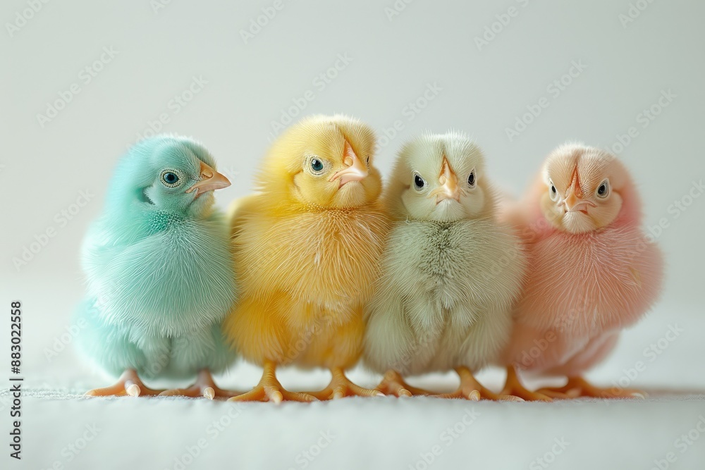 Naklejka premium Four colored chicks. Multicolored little chickens on light background. Painted Pet. Native bird.