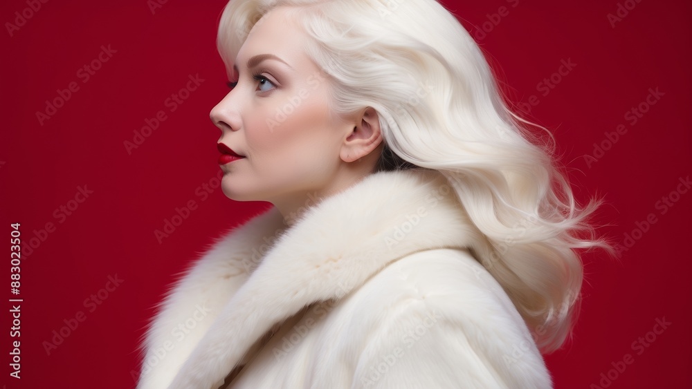A portrait of a woman with platinum blonde hair and red lipstick against a red background A portrait of a woman with platinum blonde hair and red lipstick against a red background