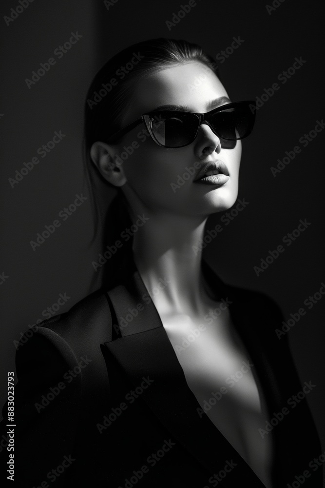 A high-end black and white portrait of an elegant woman in sunglasses A high-end black and white portrait of an elegant woman in sunglasses