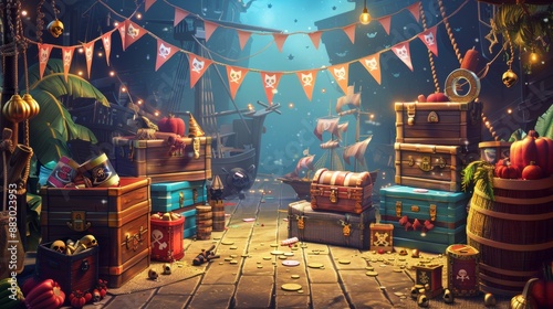 Pirate-Themed Birthday Celebration Background with Treasure Chests and Skull Flags