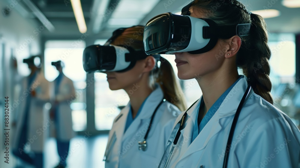 Virtual reality health education, medical students with immersive headsets, futuristic training Virtual reality health education, medical students with immersive headsets, futuristic training