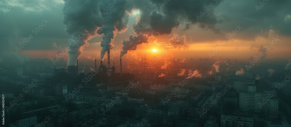 Fototapeta premium Industrial Sunset Over Smog-Filled City