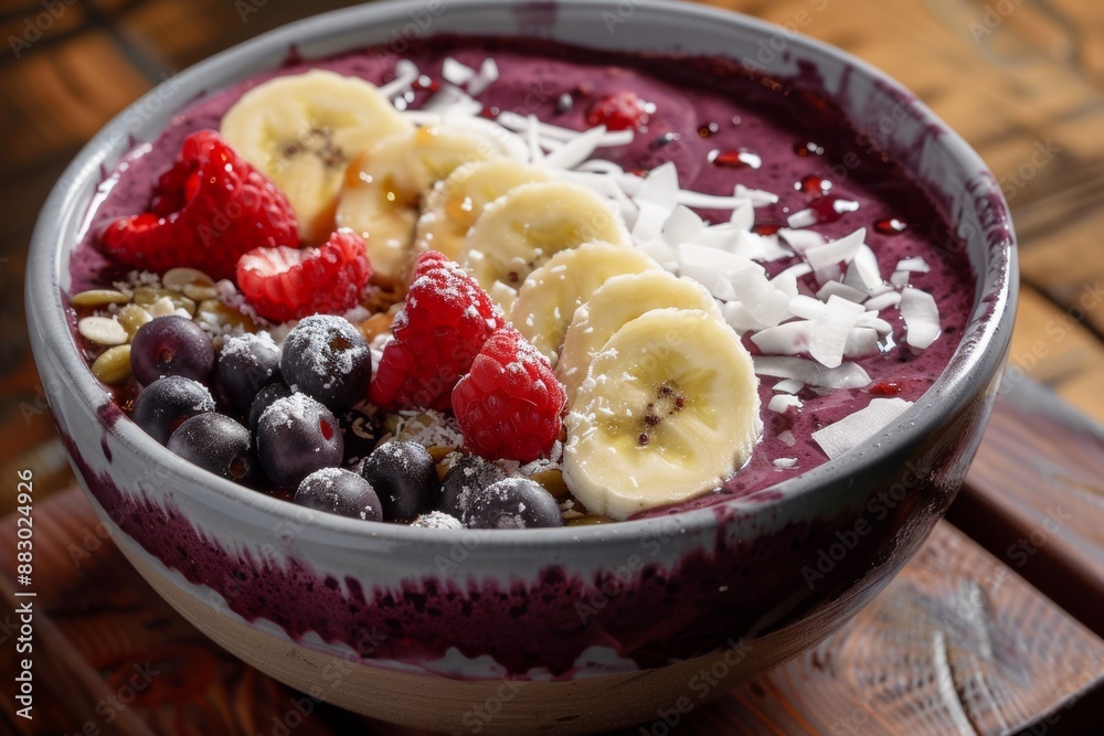 Acai bowl topped with sliced bananas, berries, and coconut flakes, a delicious and nutritious breakfast choice. Acai bowl topped with sliced bananas, berries, and coconut flakes, a delicious and nutritious breakfast choice.