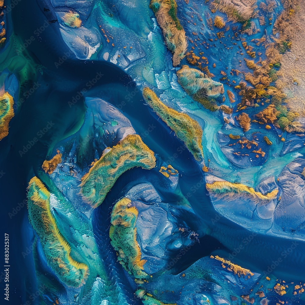 Naklejka premium River delta flowing into the blue pond. Top view. Aerial photography.