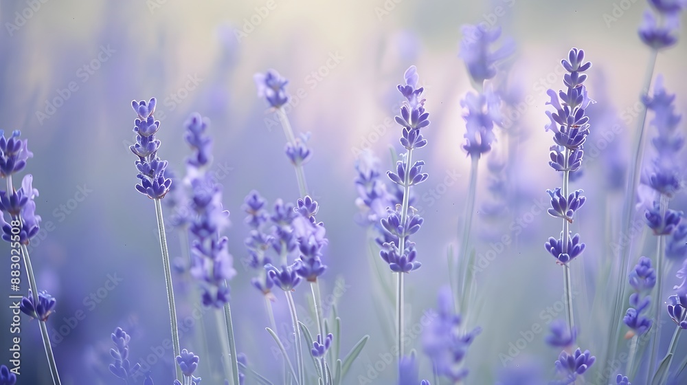 Naklejka premium Fragrant blue lavender flowers blossoming on vast field in peaceful summer farmland.