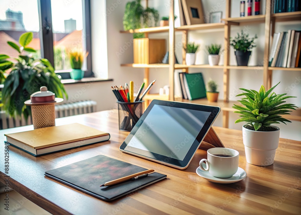 custom made wallpaper toronto digitalA modern digital art studio setup with a sleek tablet and stylus lying on a clutter-free desk, surrounded by inspirational art and design books.