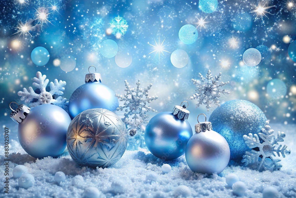Snowflakes gently fall on a serene blue Christmas background adorned with shiny ornaments and sparkly Christmas balls, creating a magical winter wonderland atmosphere. Snowflakes gently fall on a serene blue Christmas background adorned with shiny ornaments and sparkly Christmas balls, creating a magical winter wonderland atmosphere.