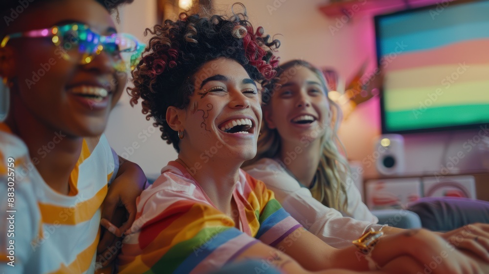 Three people are sitting on a couch and laughing while watching a television Three people are sitting on a couch and laughing while watching a television
